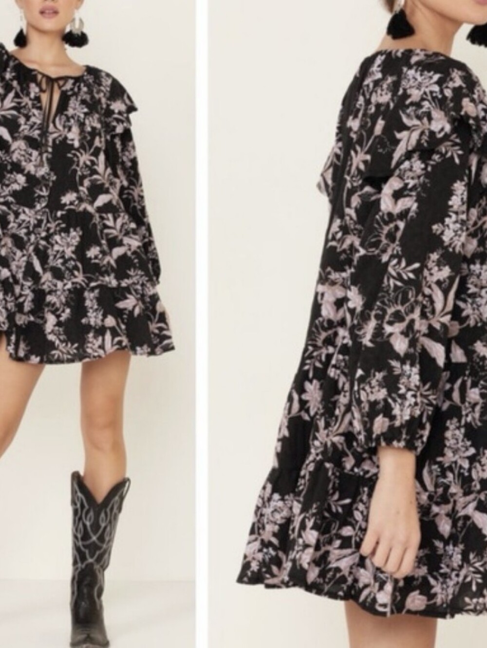 FREE PEOPLE Sunbaked Floral Swing Mini Dress XS Washed Black Boho Oversized